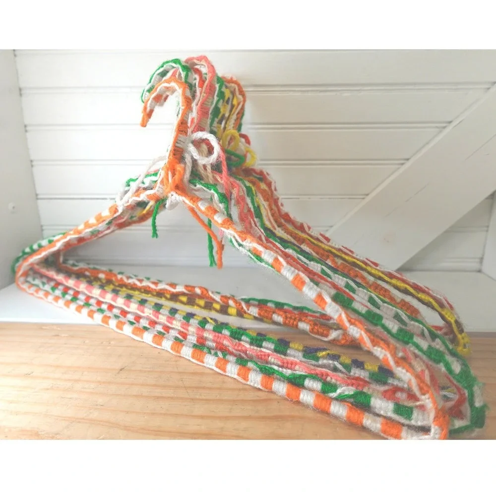 Vintage Crocheted Hangers Set‎ of 10 Handmade Striped Multicolor Granny-core